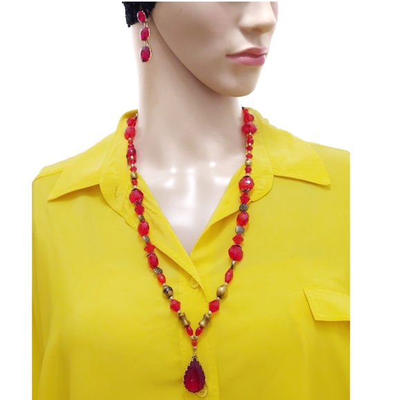 247NEB123. Handmade 3-pc. Red Vintage Necklace Set - Picture 3 of 7